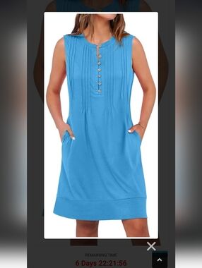 Sleeveless Blue Button Pleated Shift Dress Relaxed Fit Large